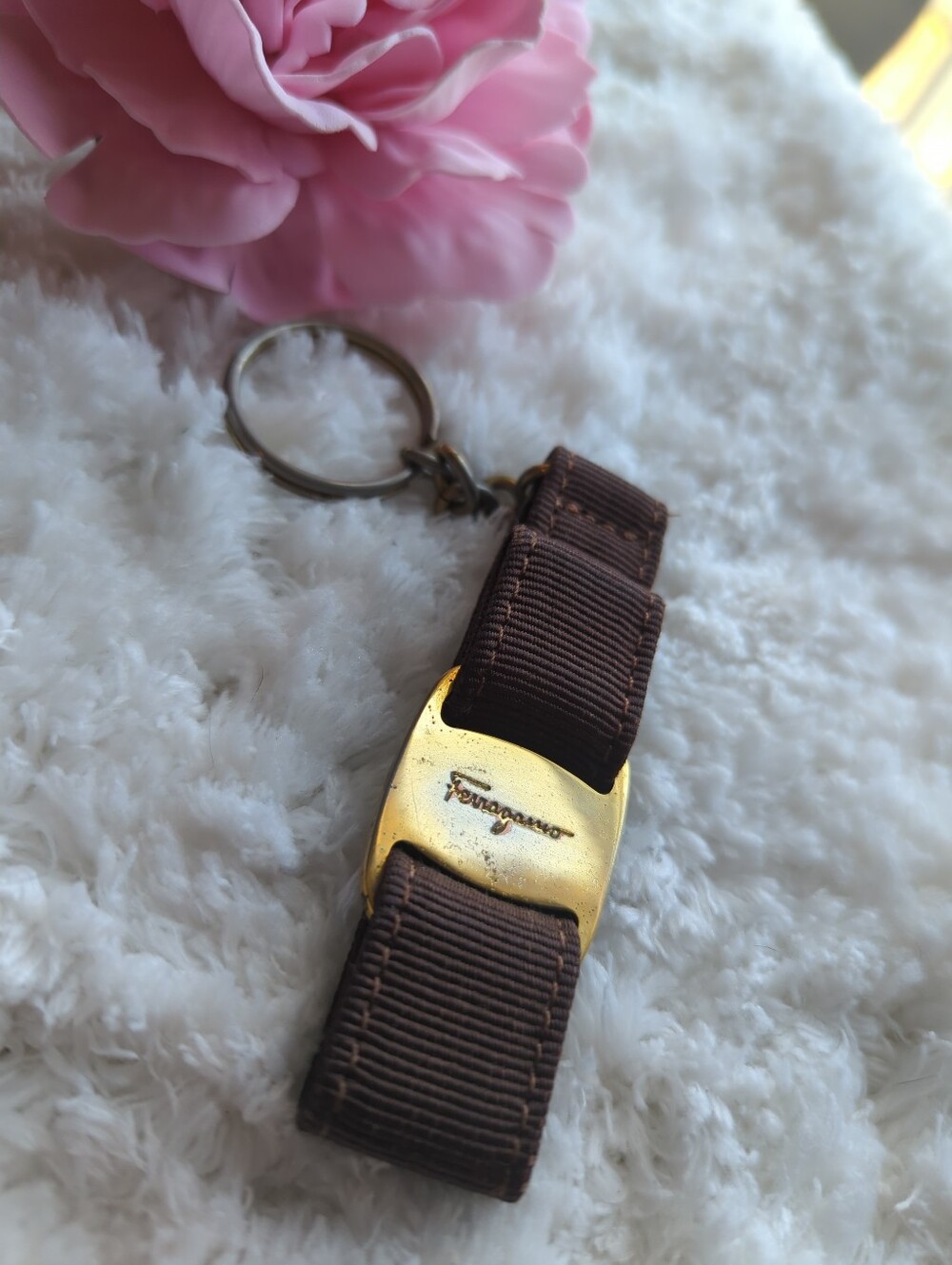 Salvatore Ferragamo Vintage Brown Ribbon Keyring with Gold Tone Hardware - Picture 2 of 3